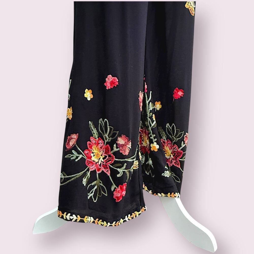Black Floral Boho Wide Leg Pants Rayon Festival Coachella Sz S High Rise Palazzo - Picture 5 of 11
